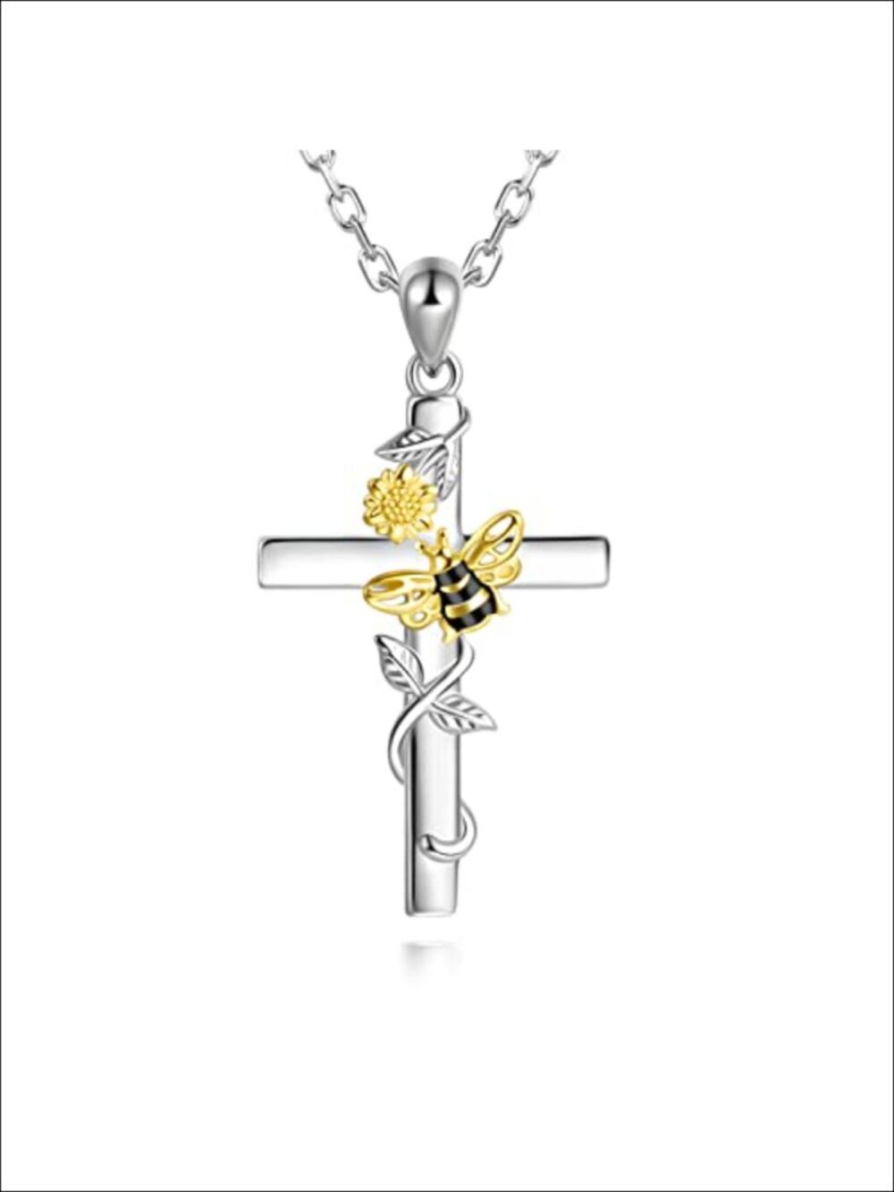 925 Sterling Silver Cross Sunflower Bee Pendant Necklace Faith
